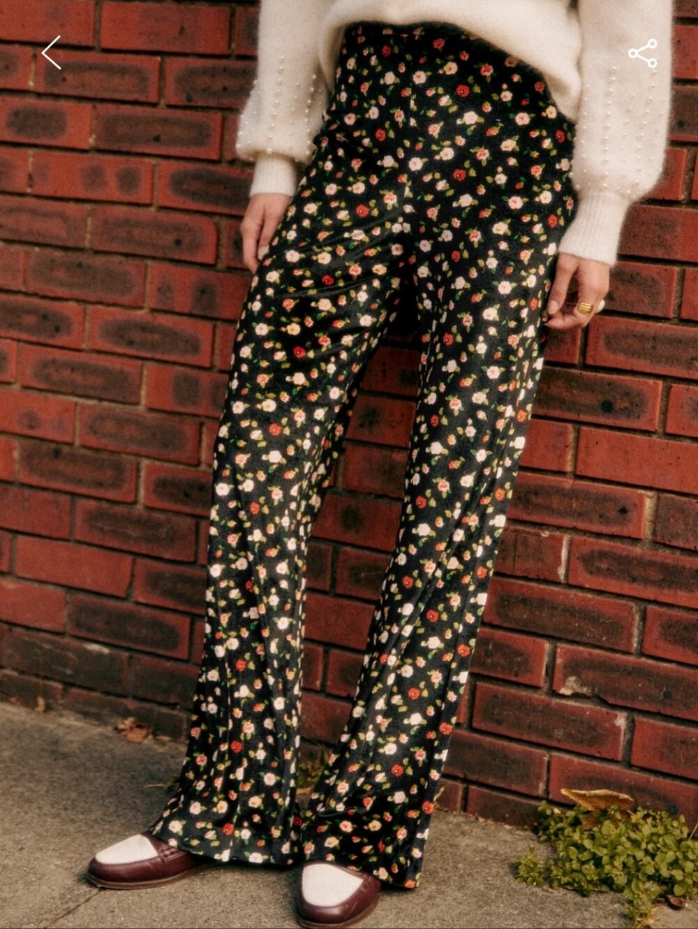 Sezane Christian Black Velvet Floral Straight-Leg Trousers